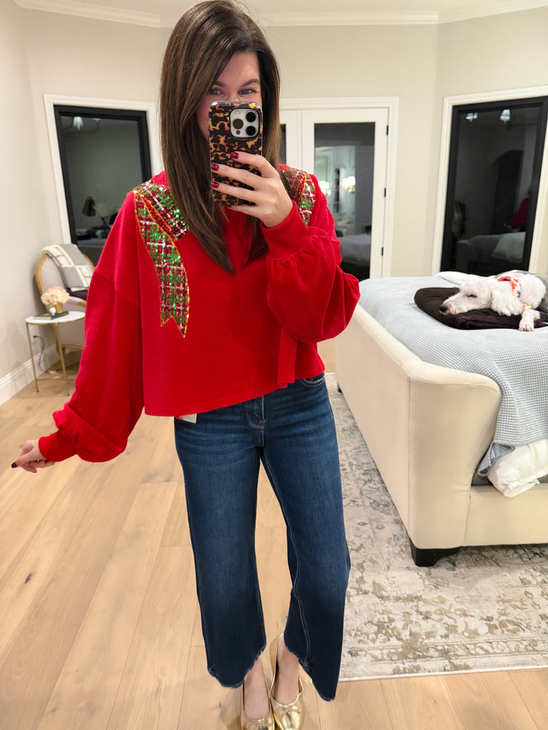 I'm a Gift Sequin Bow Corded Pullover in Red