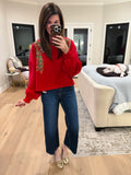 I'm a Gift Sequin Bow Corded Pullover in Red