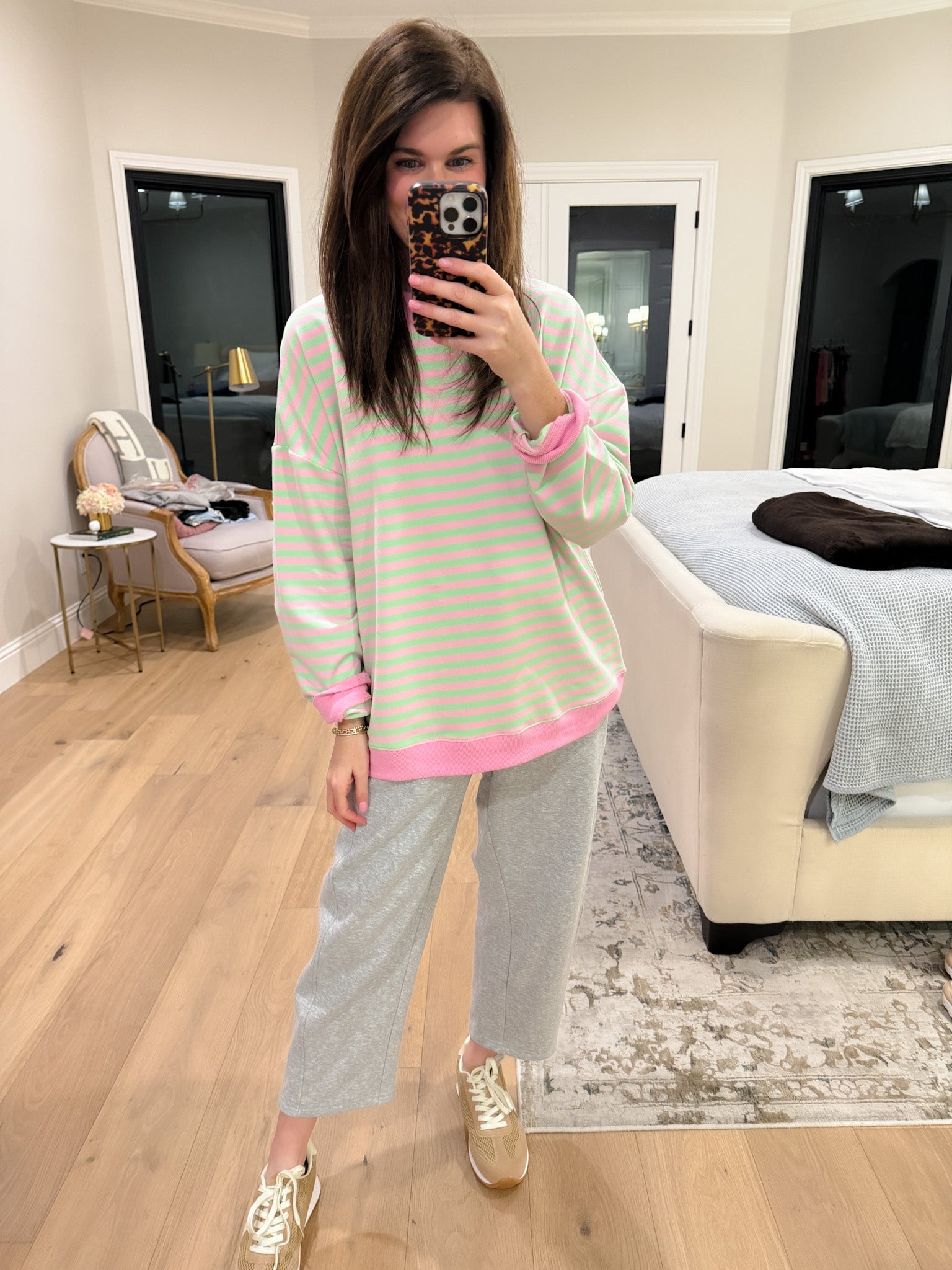 Off-Duty Mock Neck Pullover in Pink/Mint