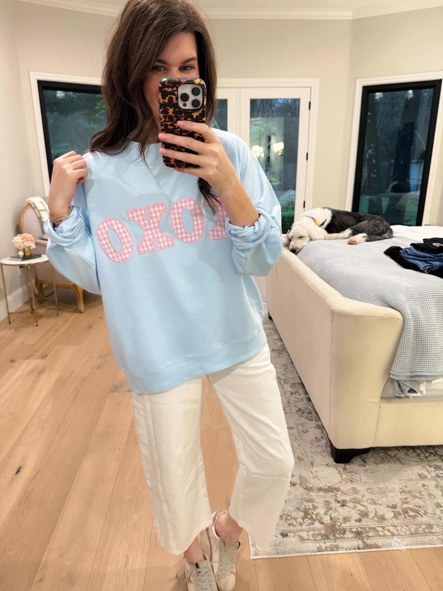 XOXO Gingham Mock Neck Pullover in Blue