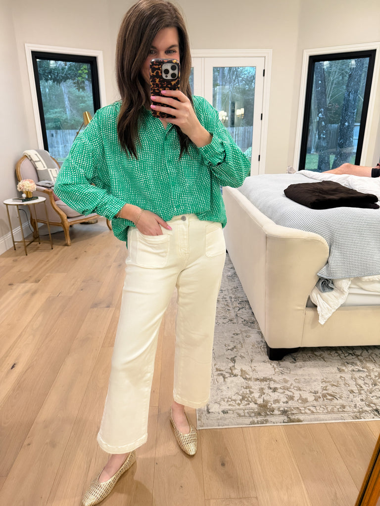 Play It Chic Polka Dot Button Down in Kelly Green