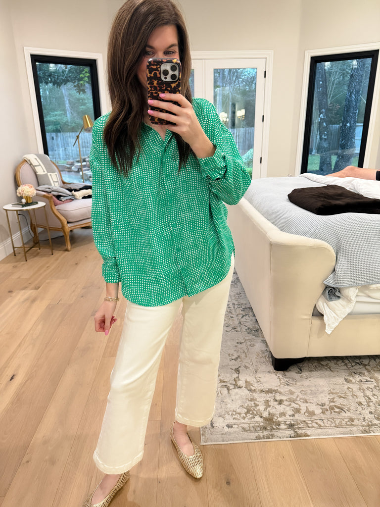 Play It Chic Polka Dot Button Down in Kelly Green