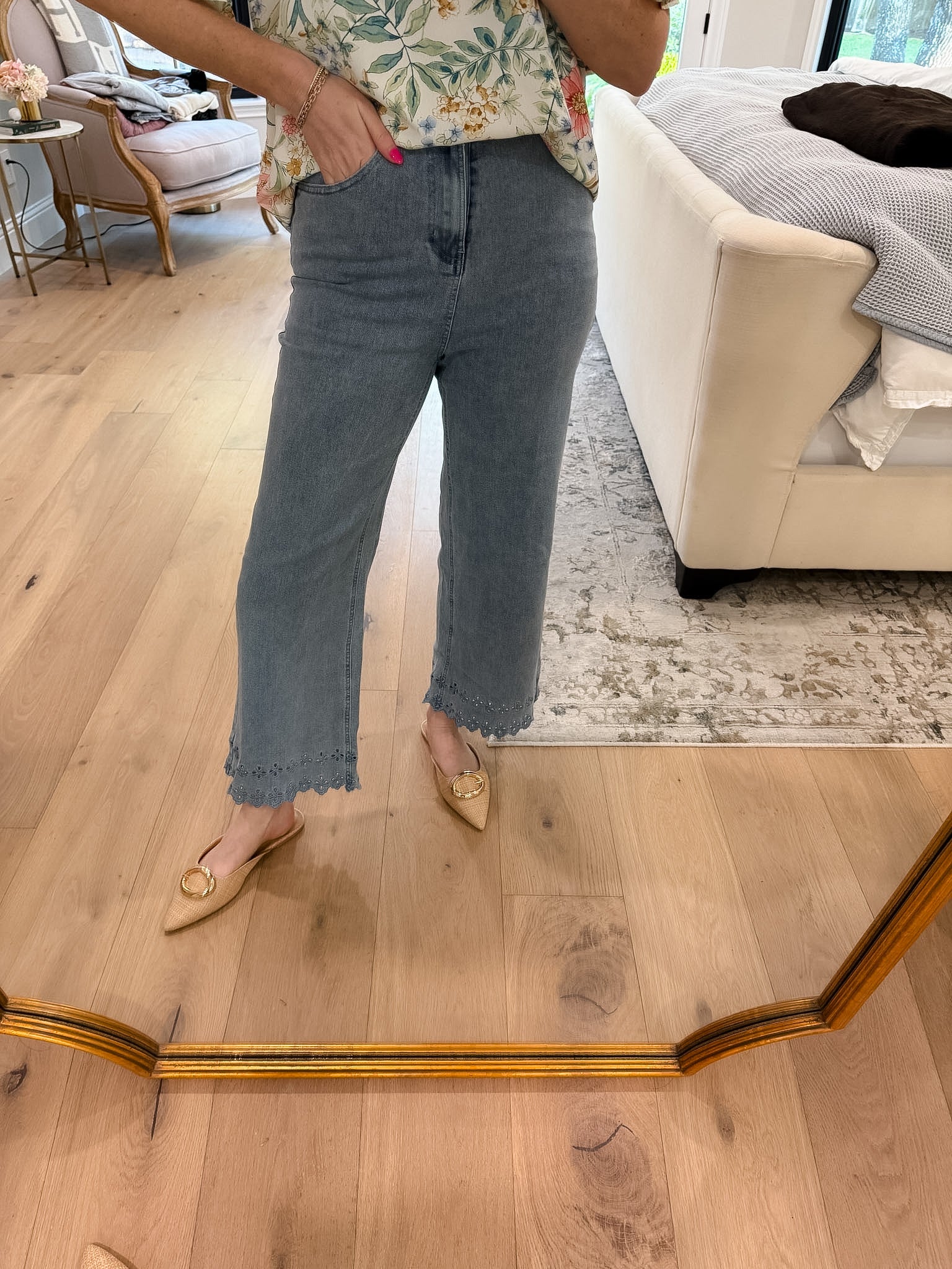 Colette Eyelet Cropped Jeans in Light Denim