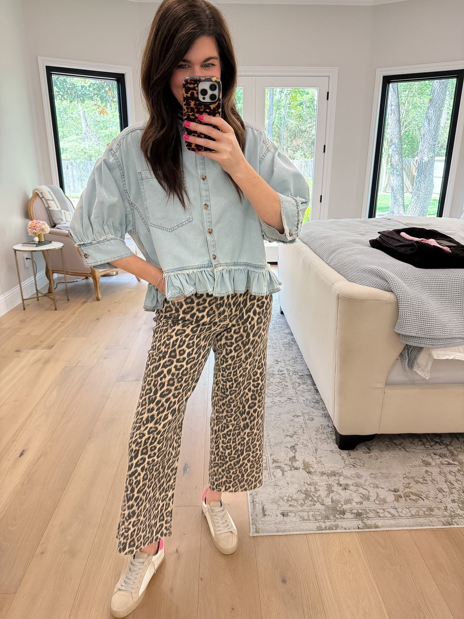 Vervet Presley Leopard Print Cropped Wide Leg Jeans