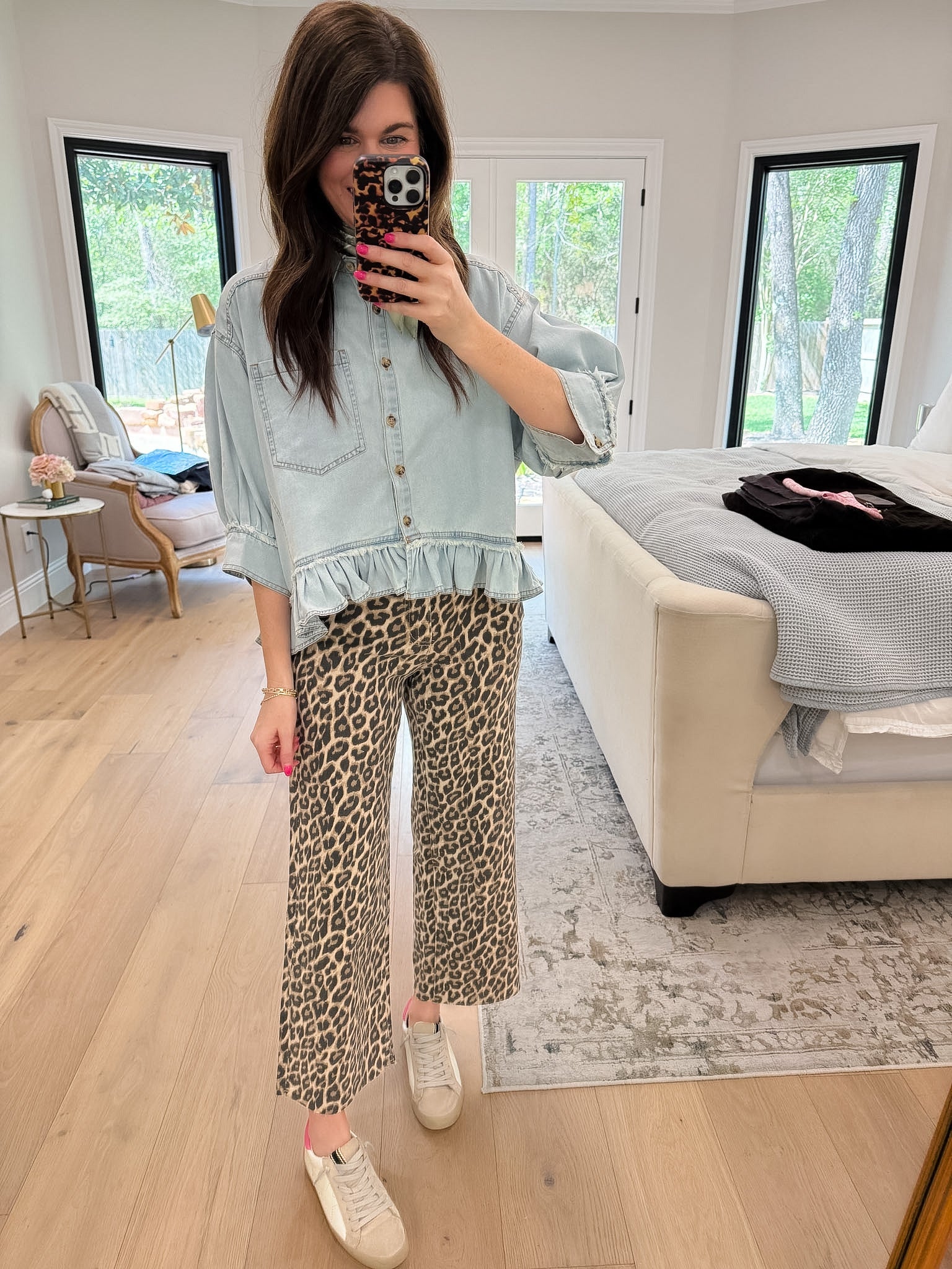 Vervet Presley Leopard Print Cropped Wide Leg Jeans
