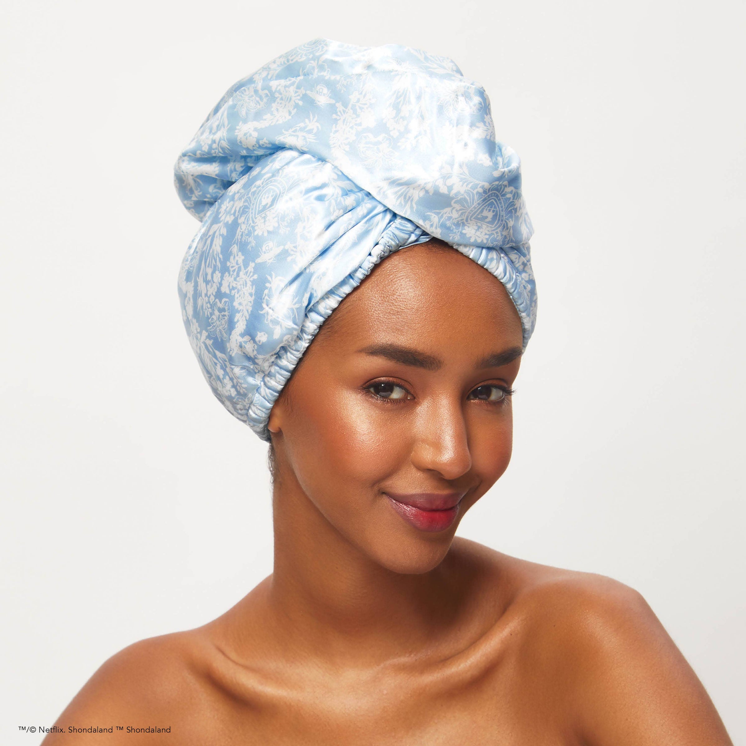 Kitsch x Bridgerton Satin Wrapped Hair Towel / Toile De Blue *Final Sale*