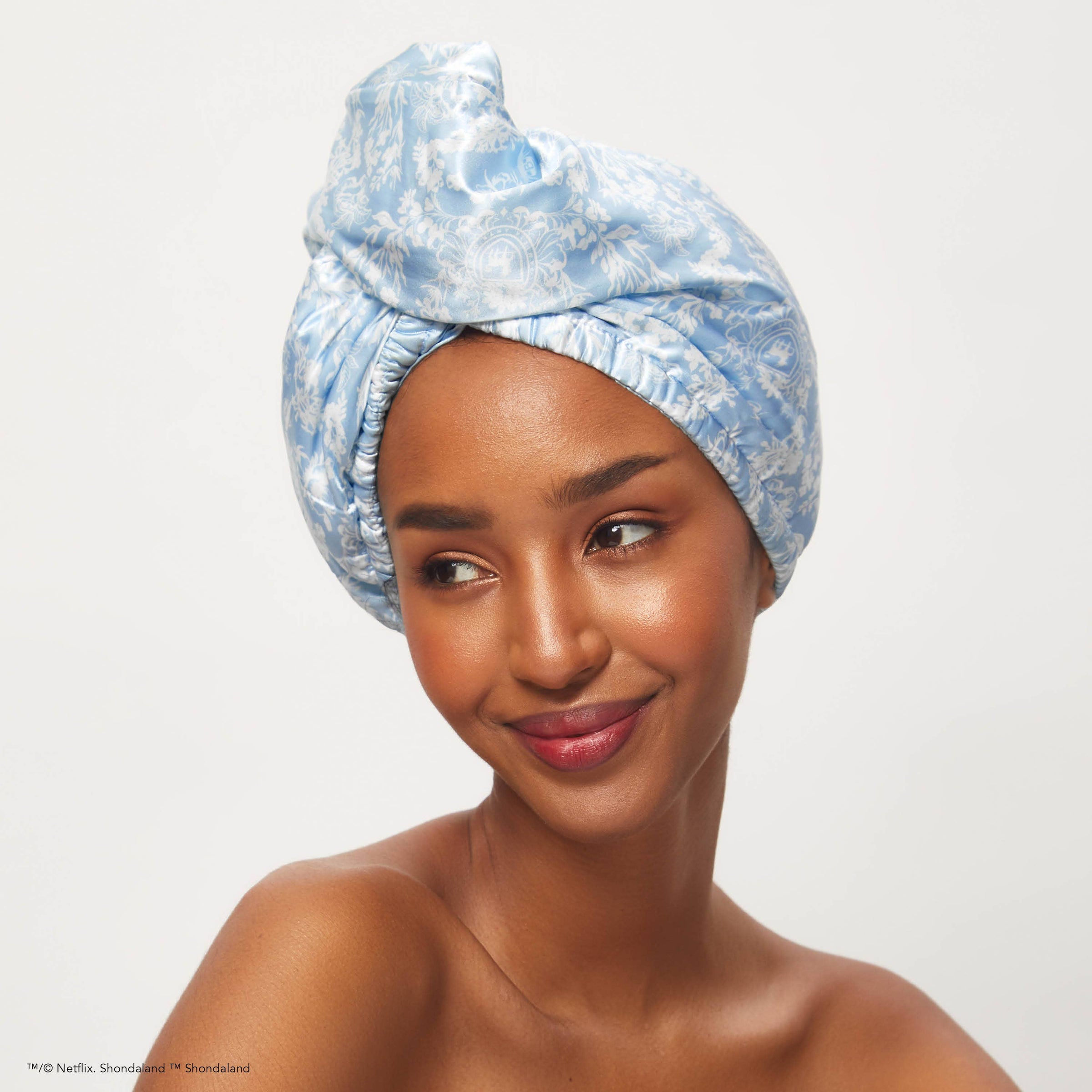 Kitsch x Bridgerton Satin Wrapped Hair Towel / Toile De Blue *Final Sale*