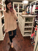 Camille Cold Shoulder Sweater in Pink, Cream, and Blue