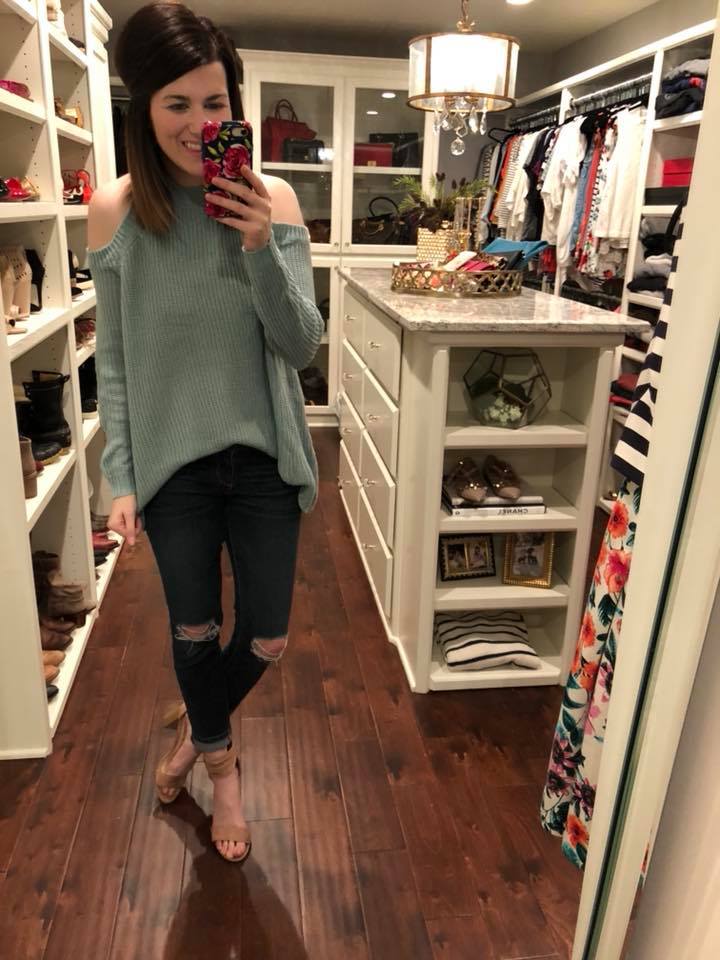 Camille Cold Shoulder Sweater in Pink, Cream, and Blue