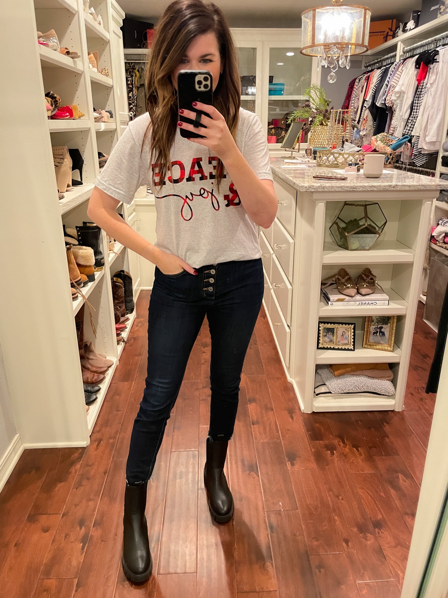 Peace and Joy Buffalo Plaid Tee