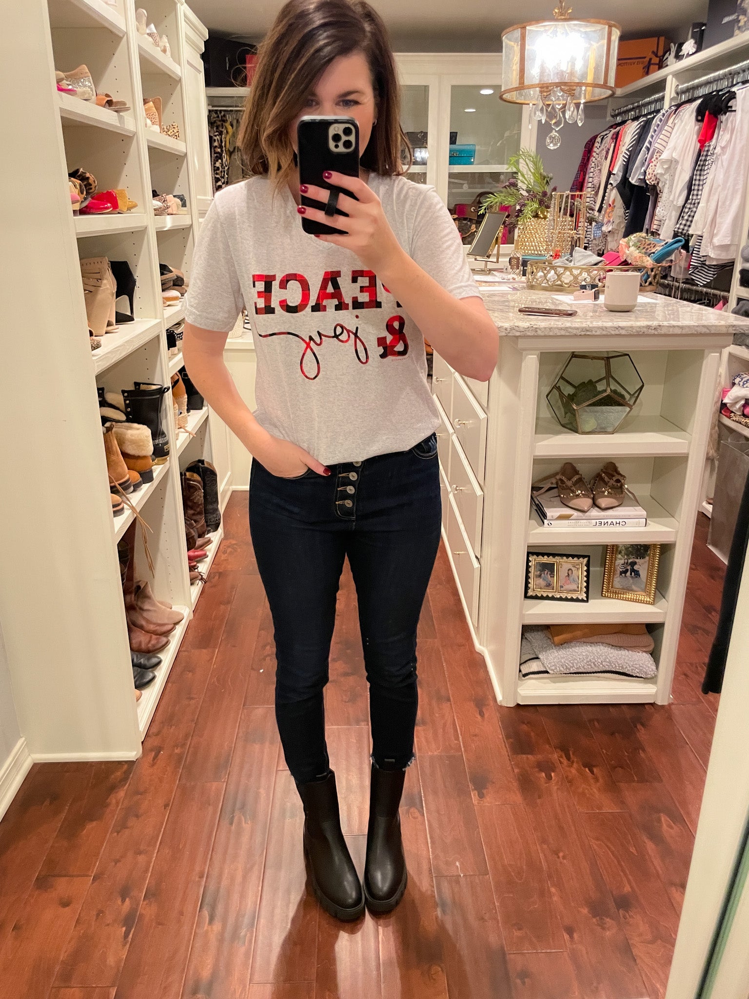 Peace and Joy Buffalo Plaid Tee