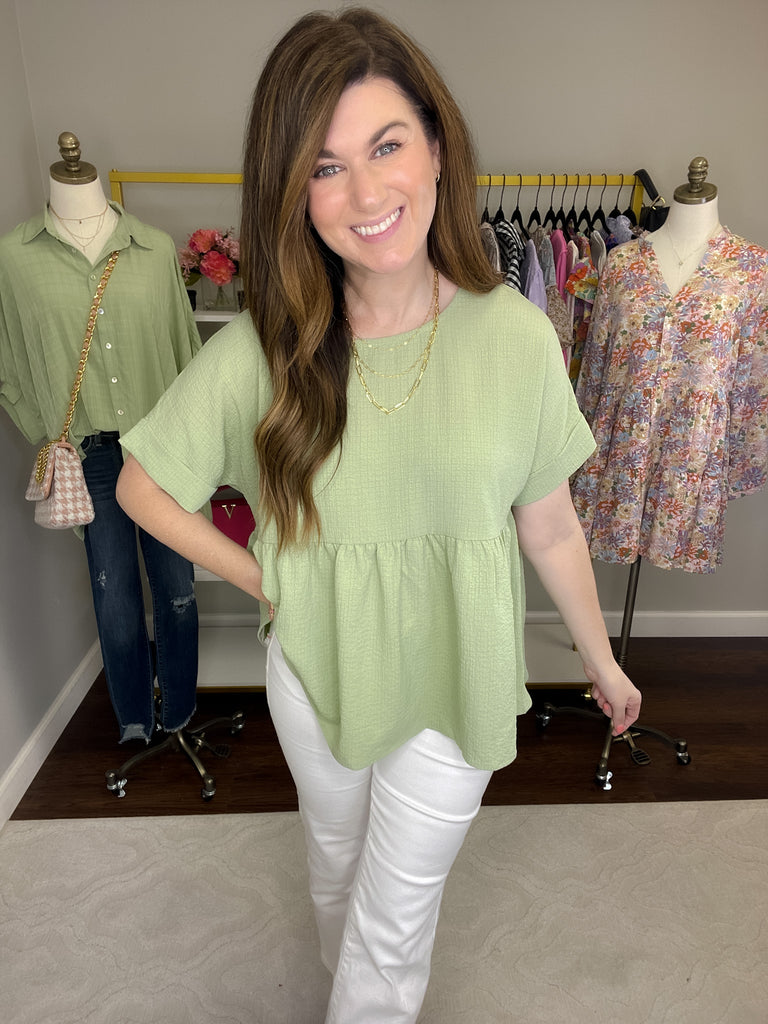 Best Behavior Peplum Top in Spring Green