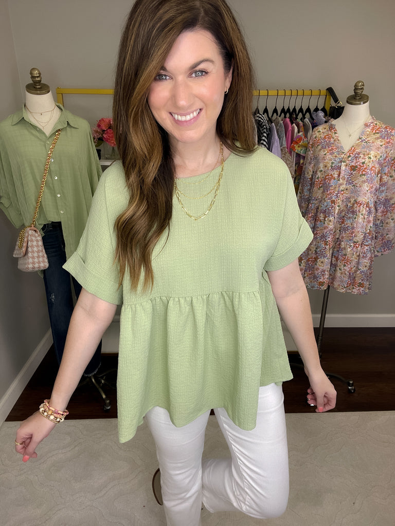 Best Behavior Peplum Top in Spring Green