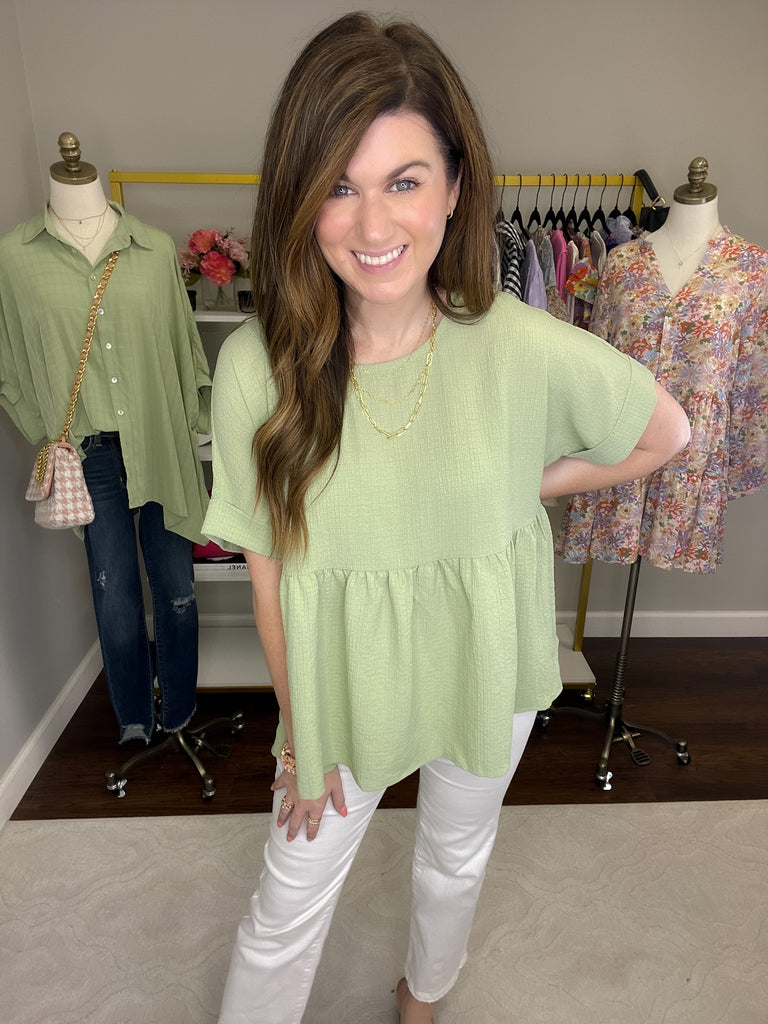 Best Behavior Peplum Top in Spring Green