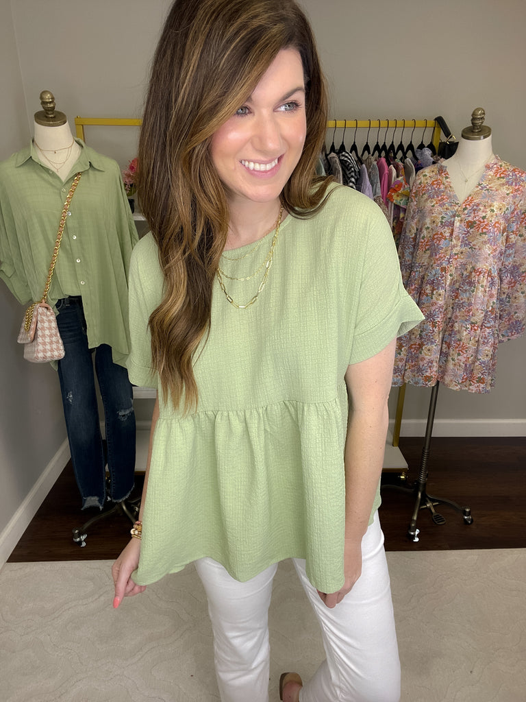 Best Behavior Peplum Top in Spring Green