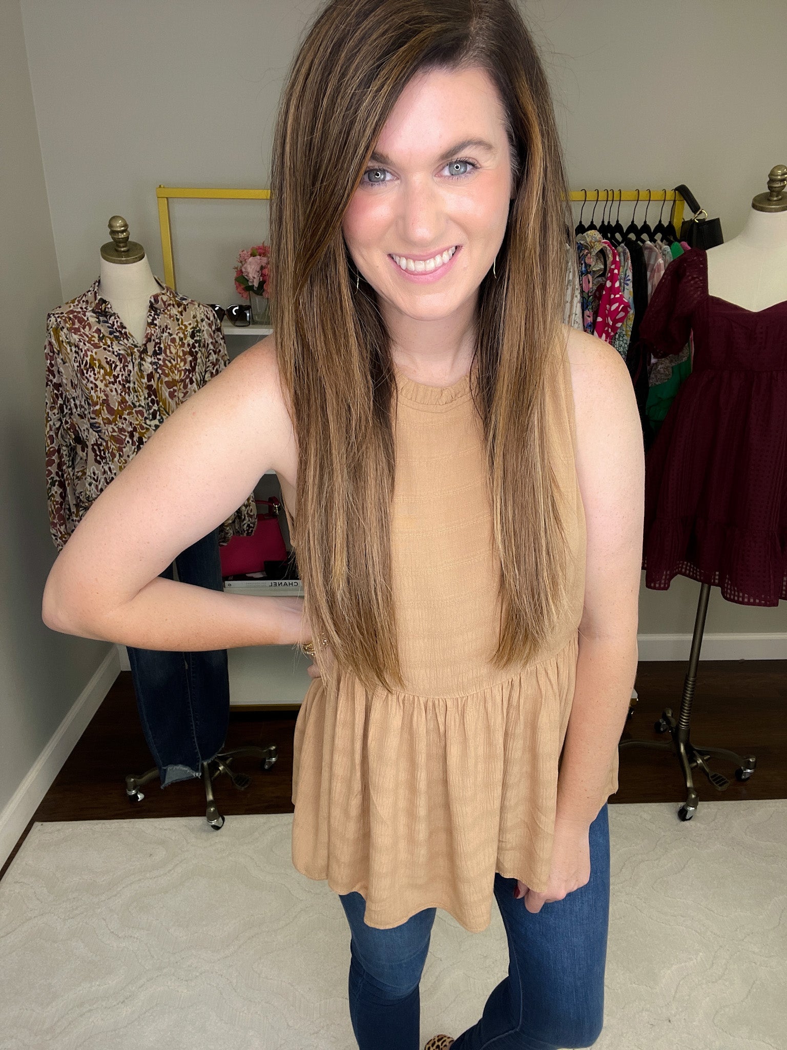 Jonas Peplum Tank in Camel