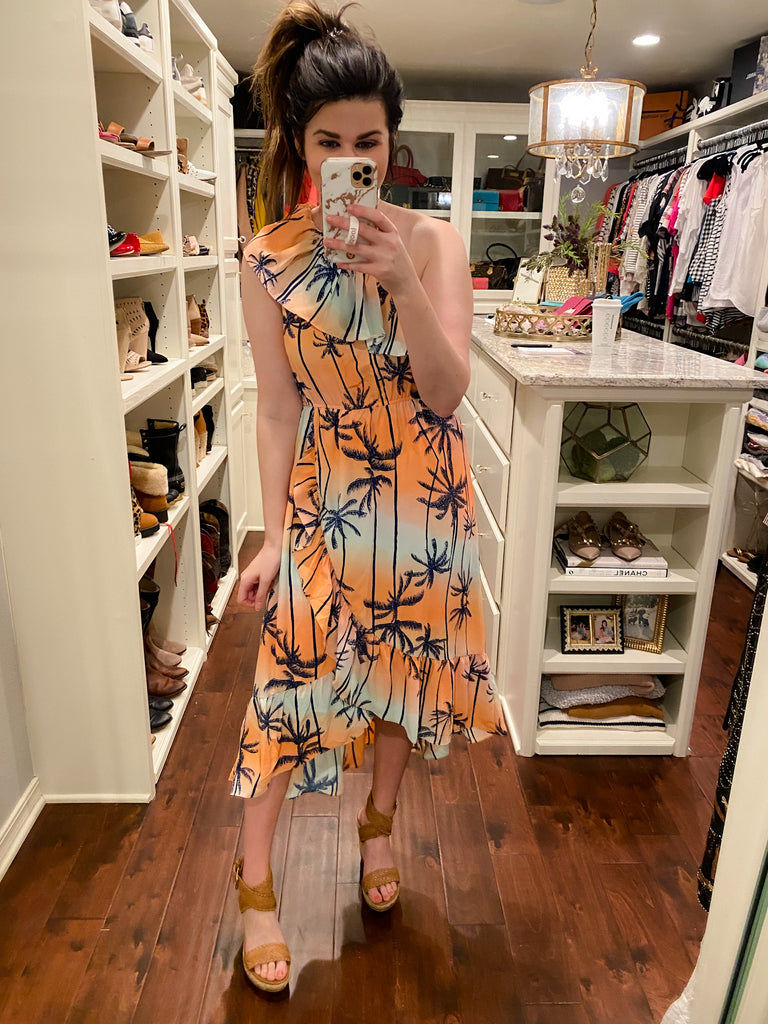 Palm Trees Sway One Shoulder Dress