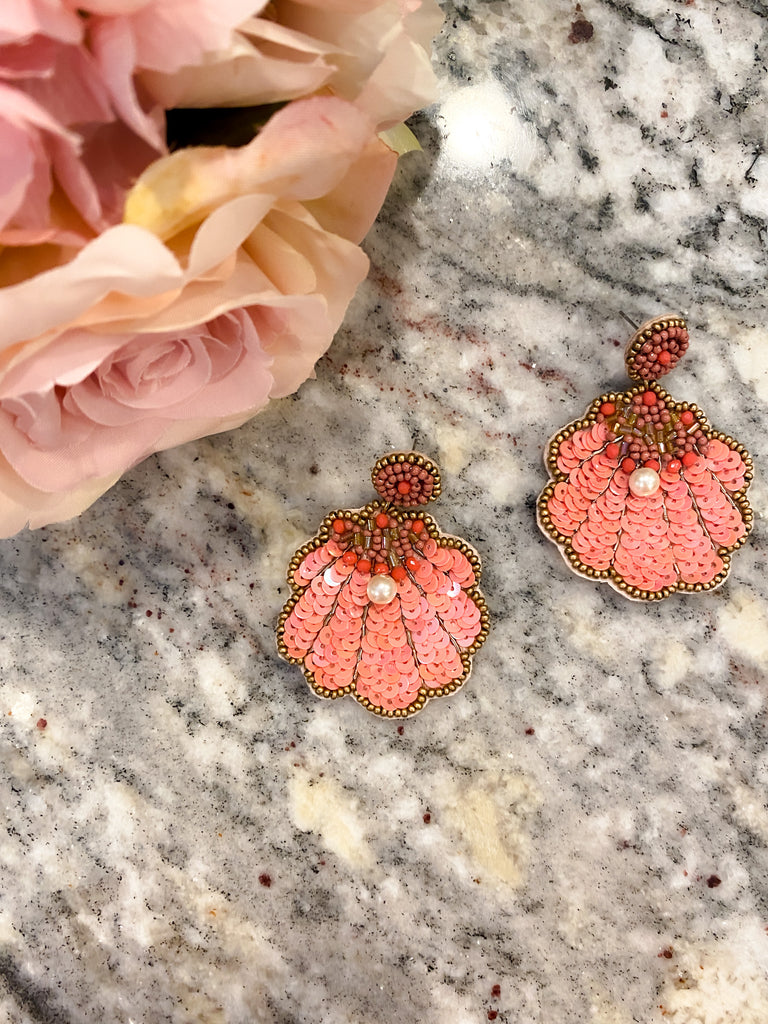 Shell and Pearl Earrings in White and Coral