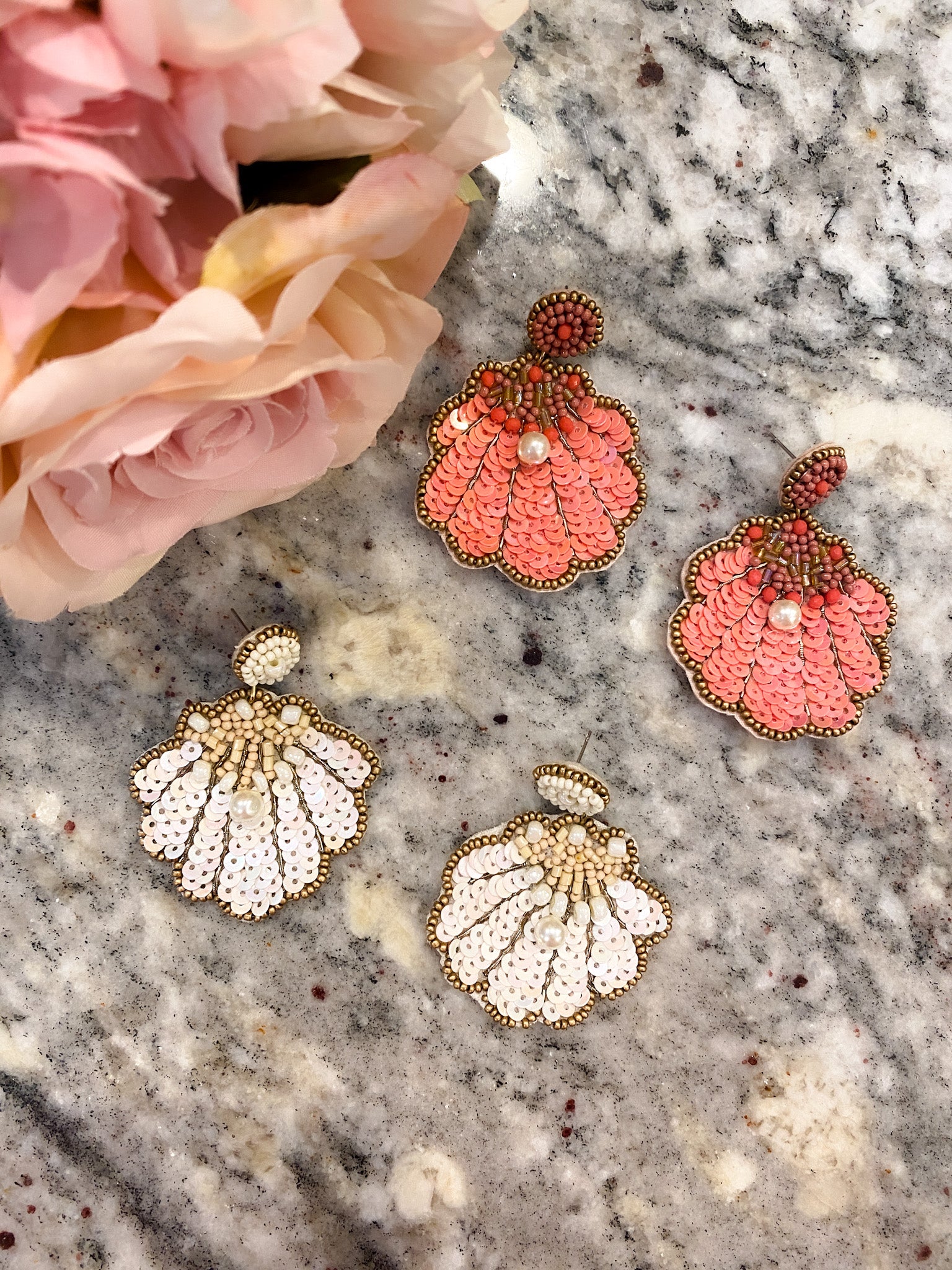 Shell and Pearl Earrings in White and Coral *Final Sale*