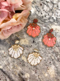 Shell and Pearl Earrings in White and Coral