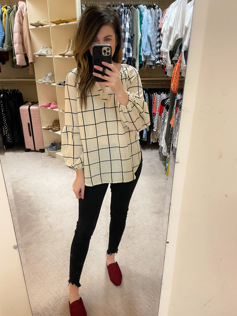 Through the Window Grid Print Top in Off White