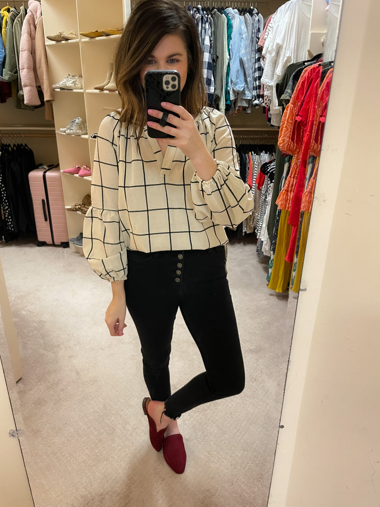 Through the Window Grid Print Top in Off White
