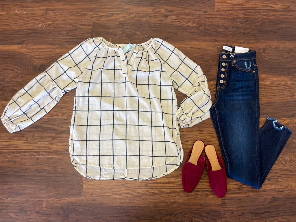 Through the Window Grid Print Top in Off White