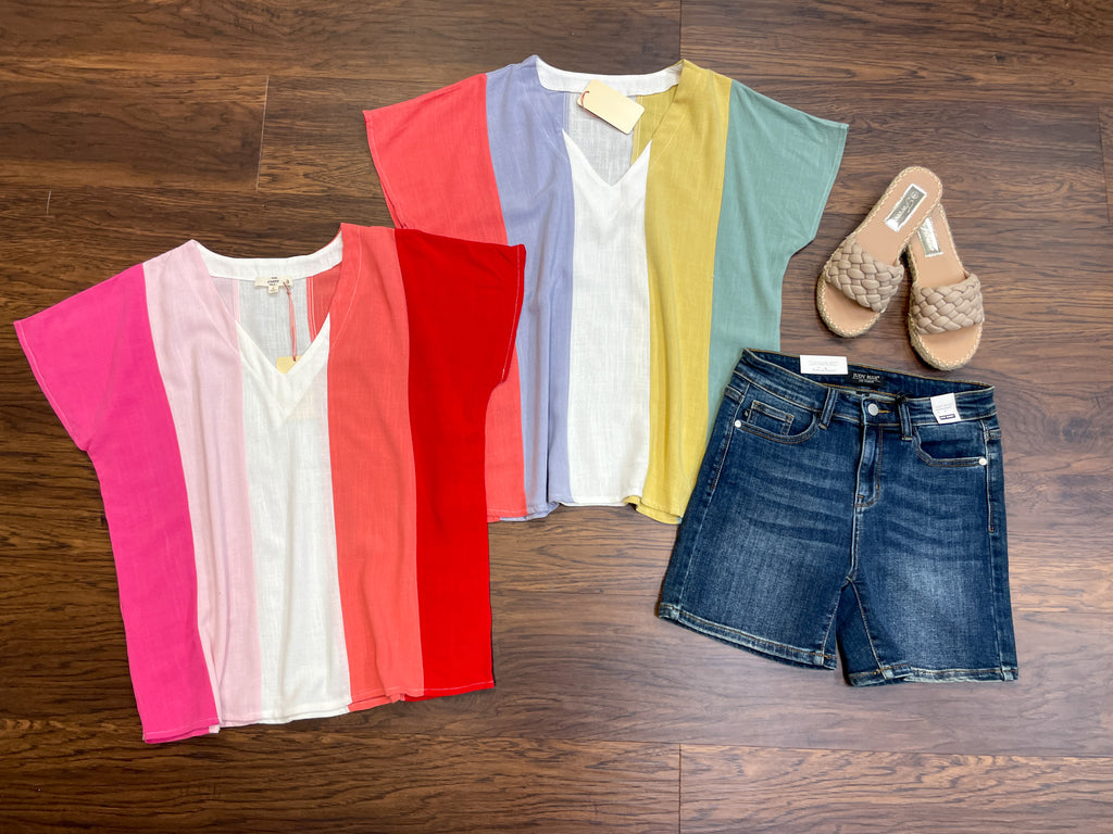 Shaney Striped Tops in Coral/Blue and Pink/Red