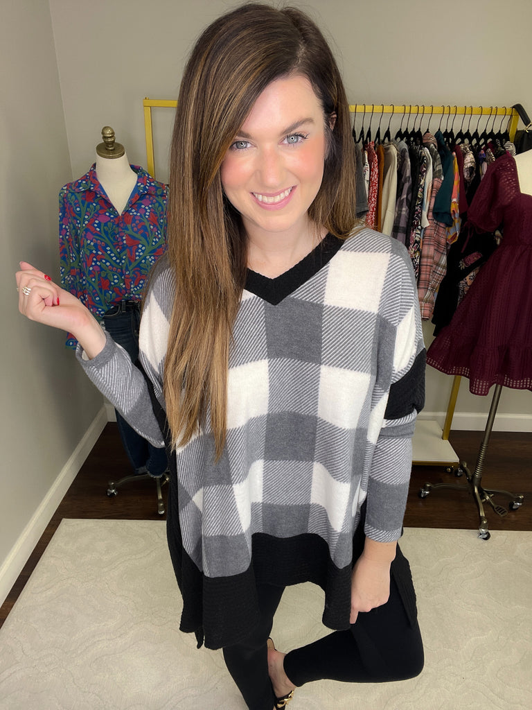SALE! Meet You There Plaid Poncho in White/Black